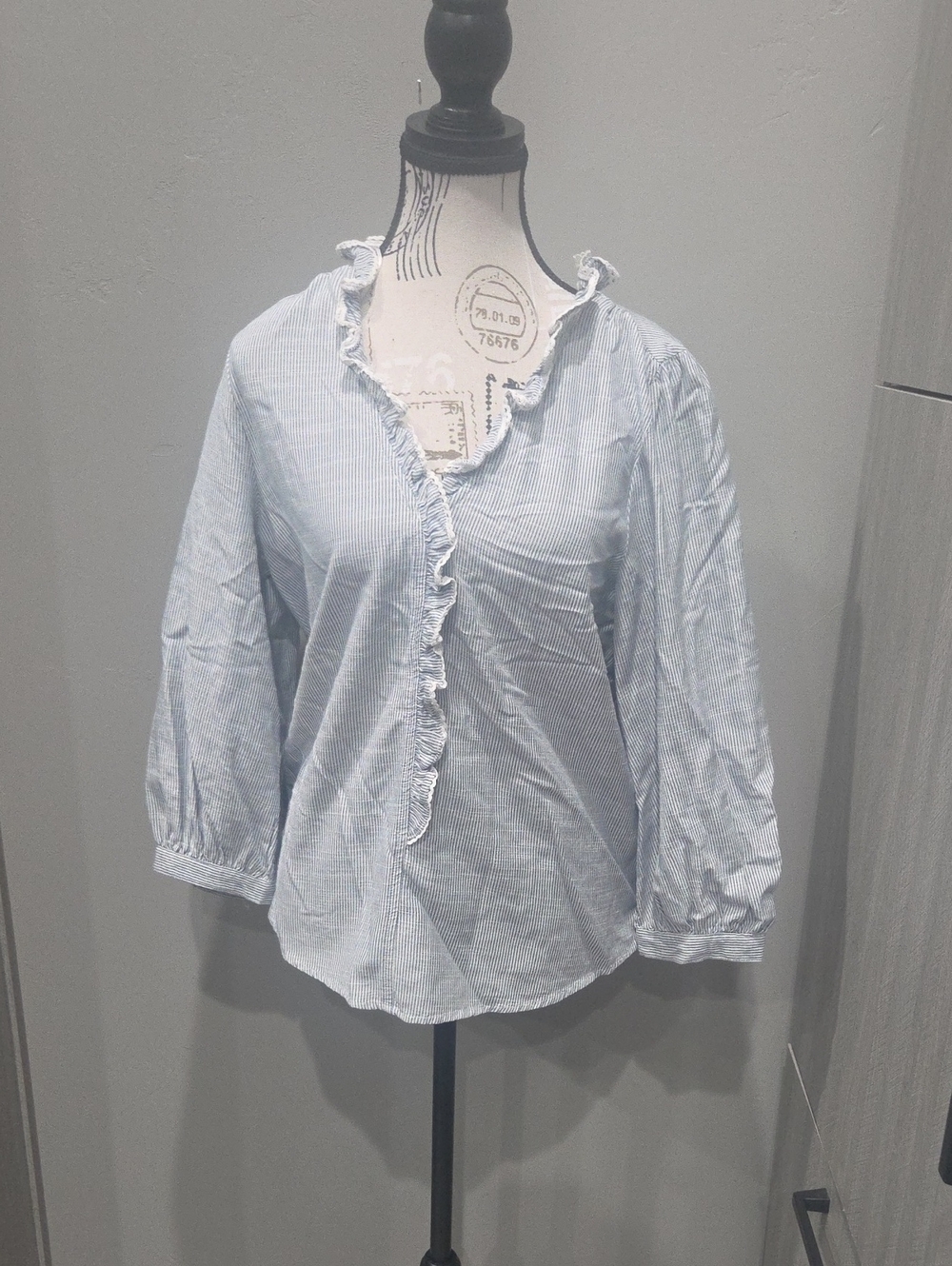 LC Lauren Conrad Light Blue & White Pinstripe Ruffle Front Blouse